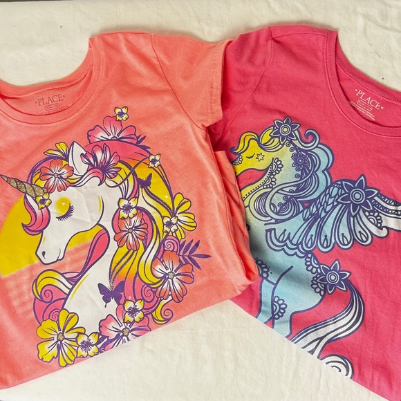 The Children's Place Other - Two Children's Place Girls Glitter Unicorn Shirts in Pink and Coral, Size 7/8